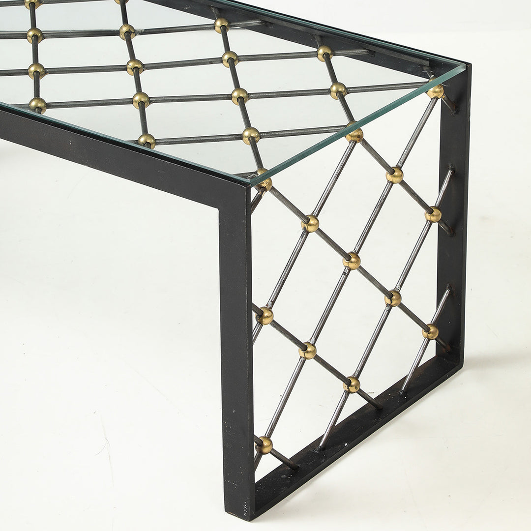 Vintage Iron &amp; Glass Coffee Table in the Style of Jean Royère
