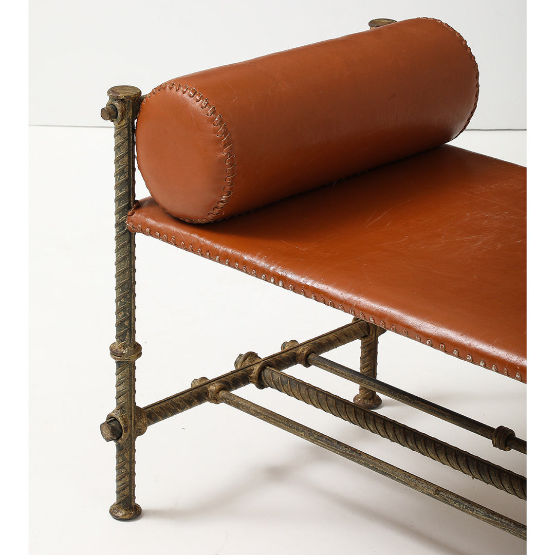 Vintage Rebar and Leather Bench