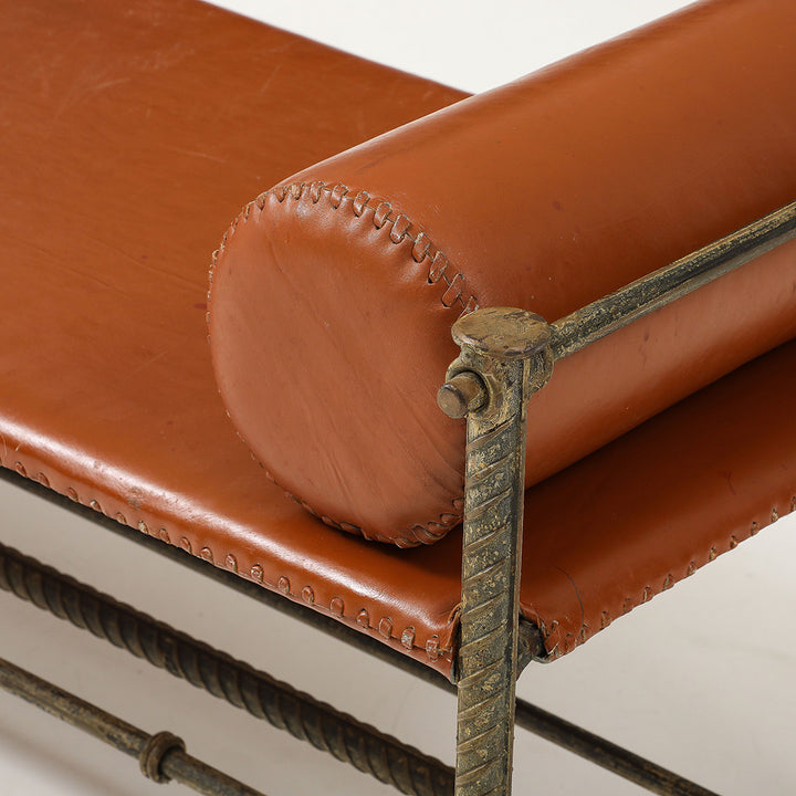 Vintage Rebar and Leather Bench