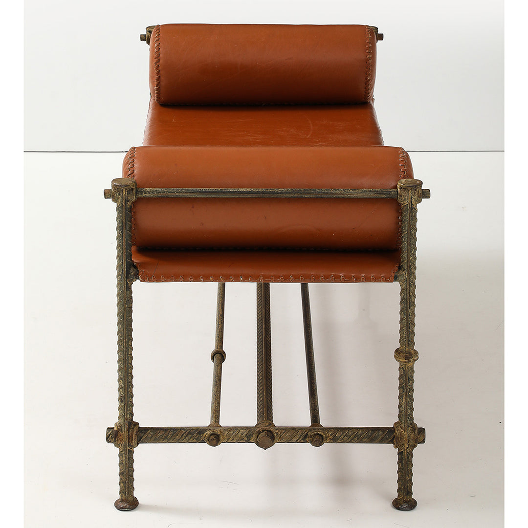 Vintage Rebar and Leather Bench