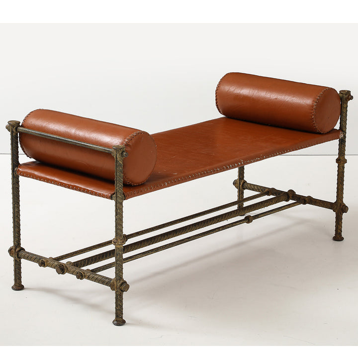 Vintage Rebar and Leather Bench