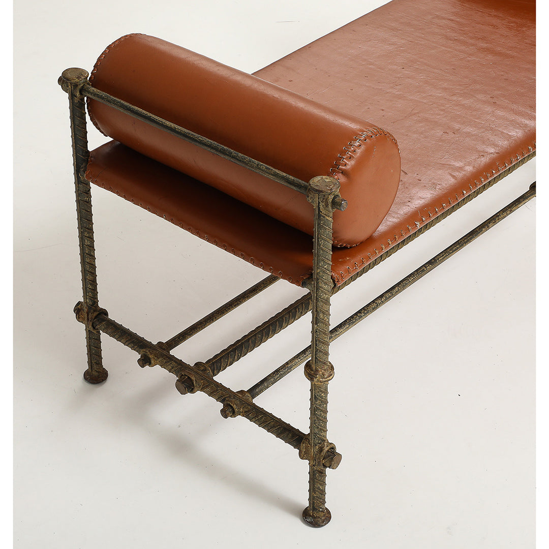 Vintage Rebar and Leather Bench