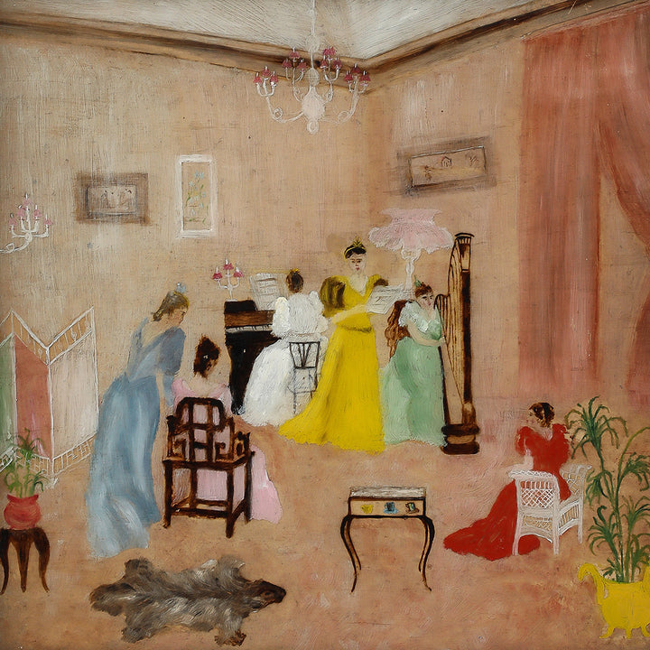 Antique Victorian Églomisé Parlor Scene Painting, c. 1890-1910