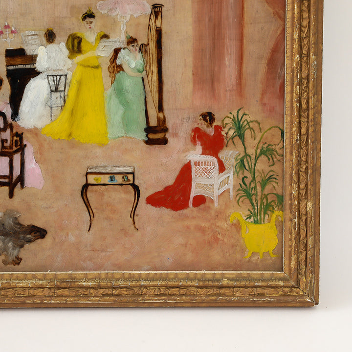 Antique Victorian Églomisé Parlor Scene Painting, c. 1890-1910