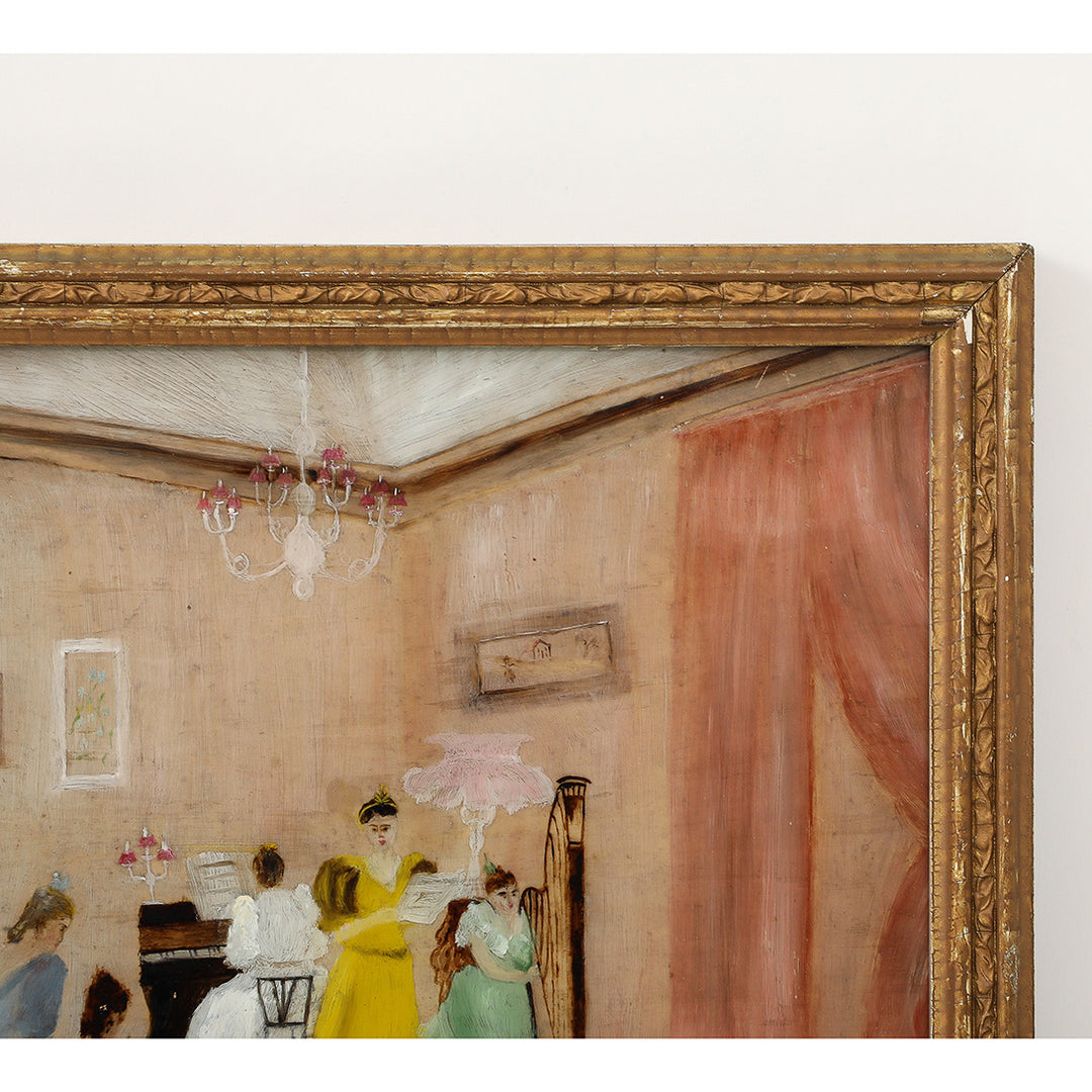 Antique Victorian Églomisé Parlor Scene Painting, c. 1890-1910