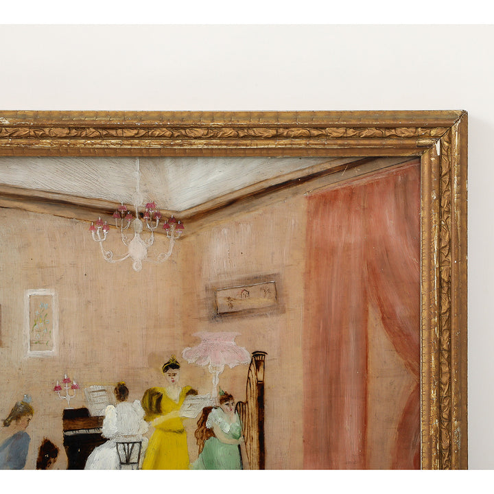Antique Victorian Églomisé Parlor Scene Painting, c. 1890-1910