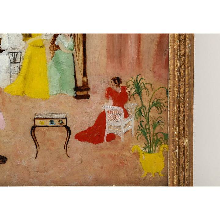 Antique Victorian Églomisé Parlor Scene Painting, c. 1890-1910