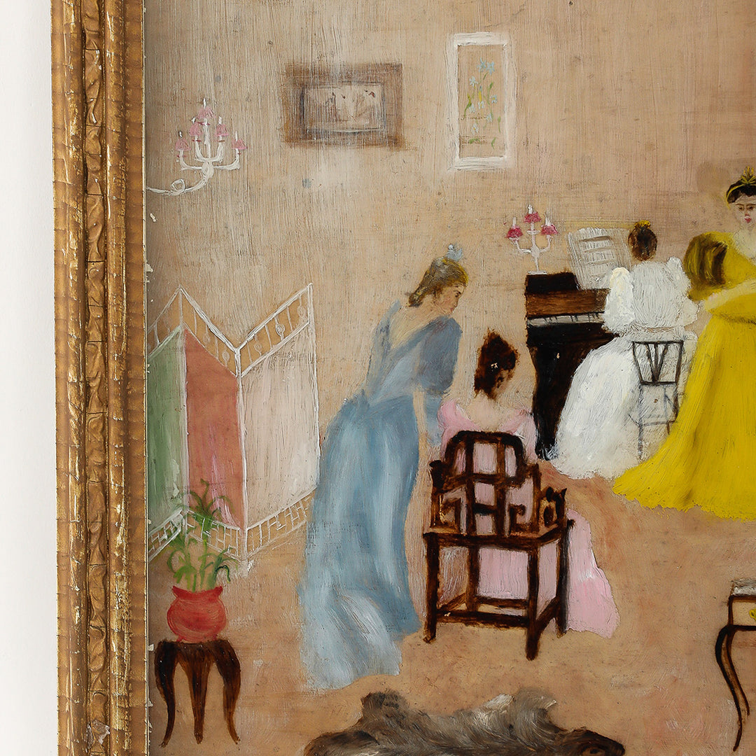 Antique Victorian Églomisé Parlor Scene Painting, c. 1890-1910
