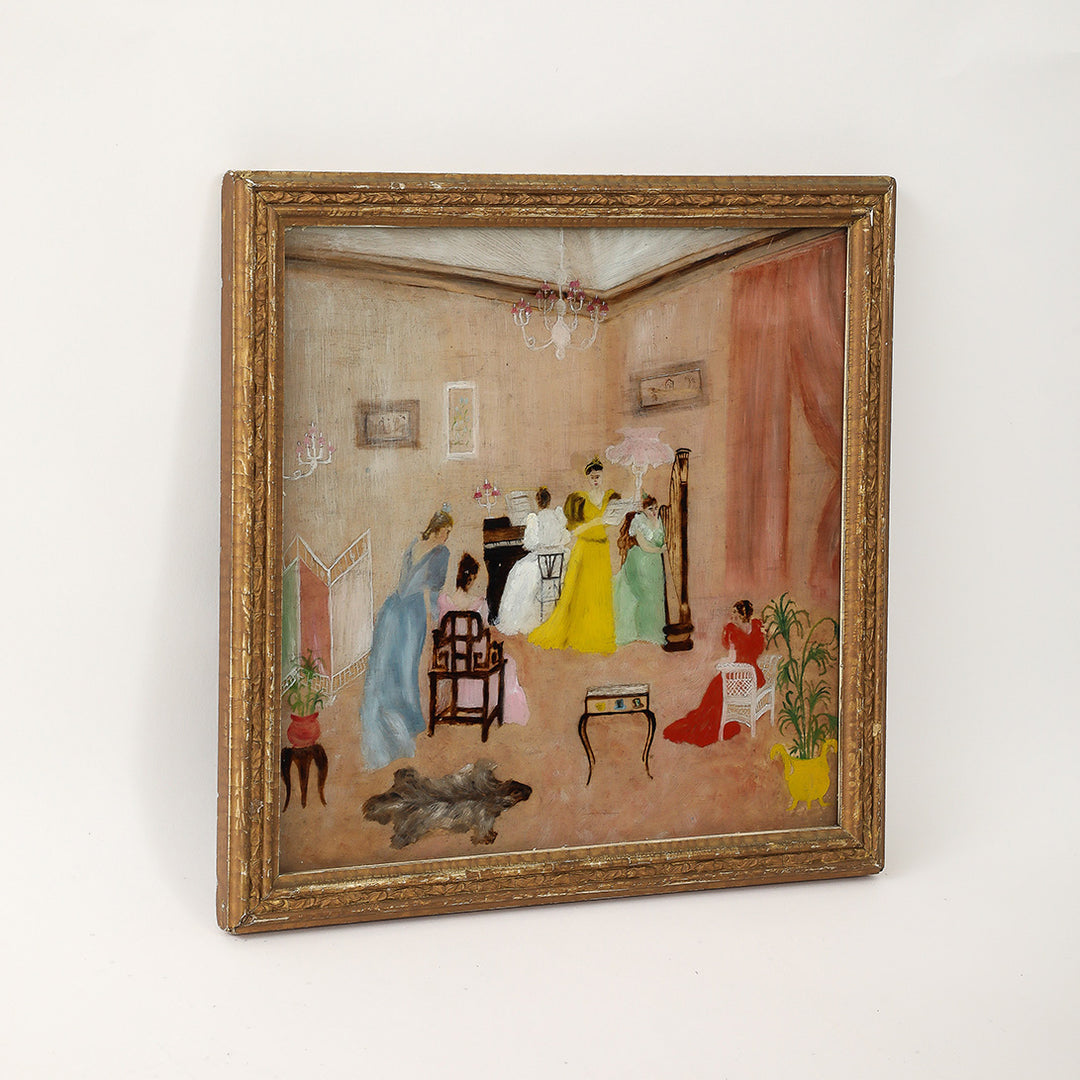 Antique Victorian Églomisé Parlor Scene Painting, c. 1890-1910