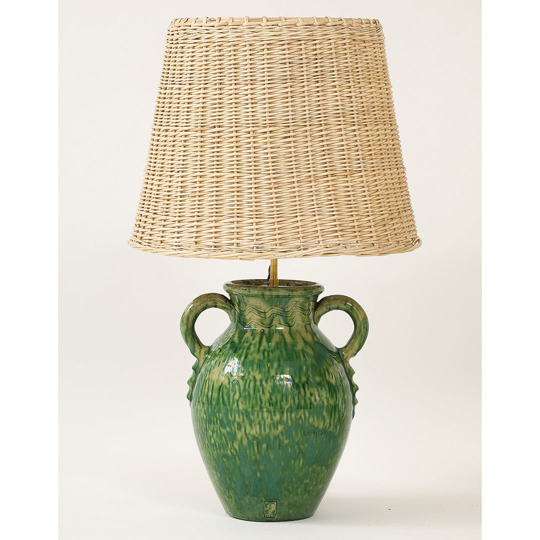 Pair of Vintage Green Ceramic Lamps with Handmade Wicker Shades