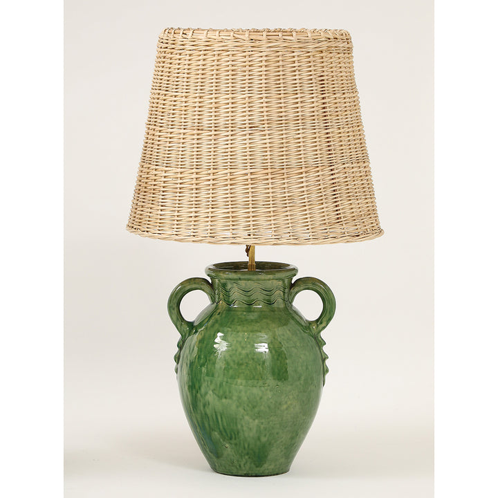 Pair of Vintage Green Ceramic Lamps with Handmade Wicker Shades