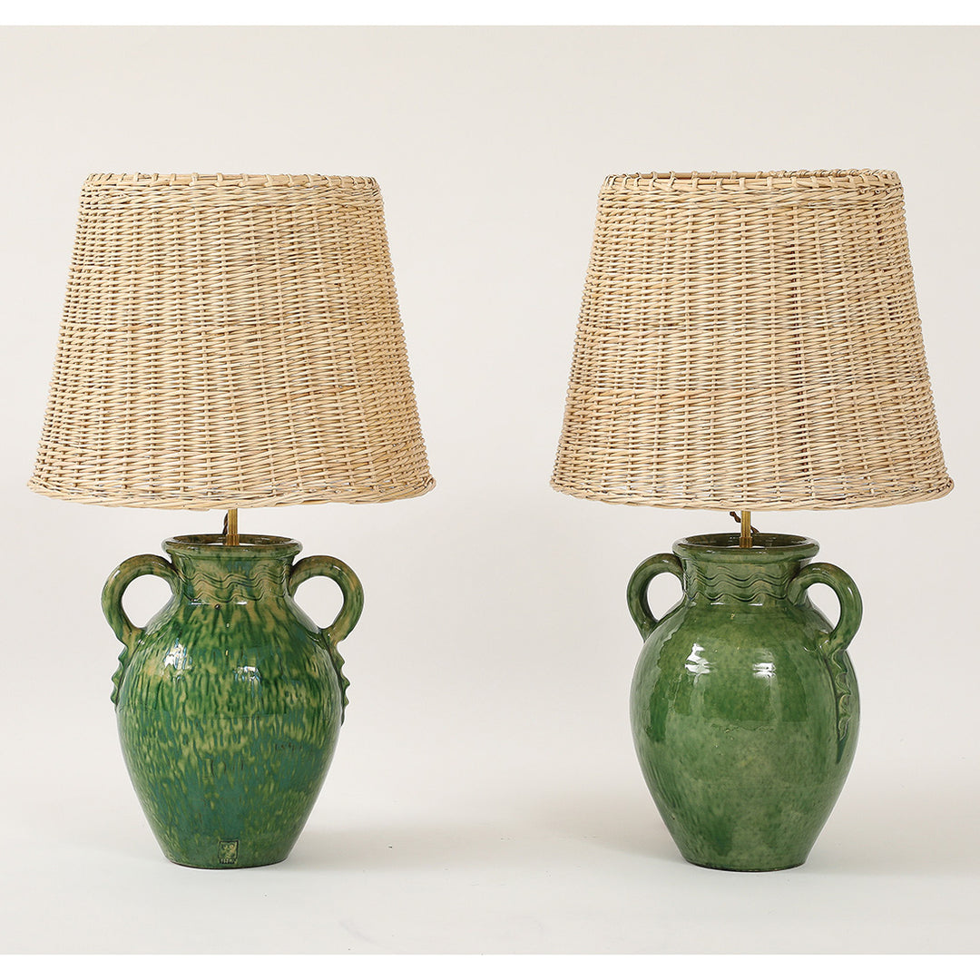 Pair of Vintage Green Ceramic Lamps with Handmade Wicker Shades