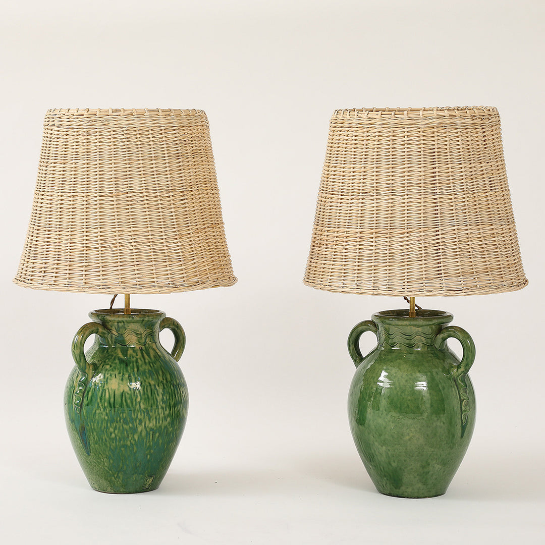 Pair of Vintage Green Ceramic Lamps with Handmade Wicker Shades