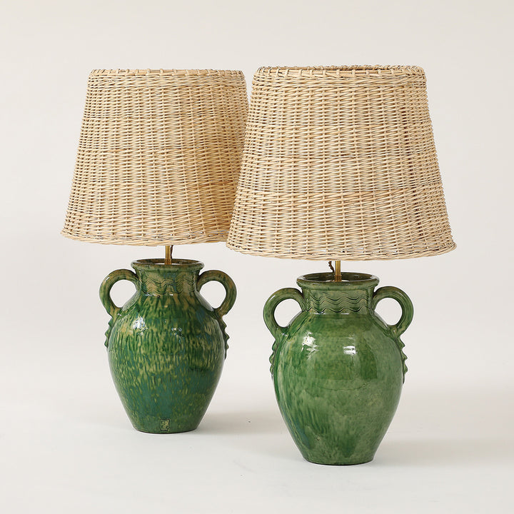 Pair of Vintage Green Ceramic Lamps with Handmade Wicker Shades