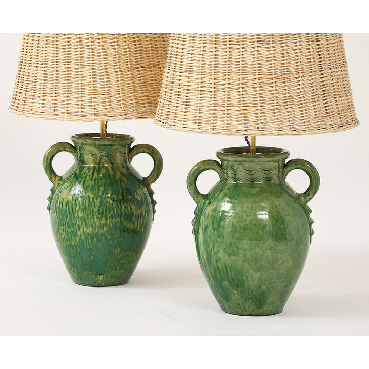 Pair of Vintage Green Ceramic Lamps with Handmade Wicker Shades