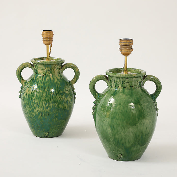 Pair of Vintage Green Ceramic Lamps with Handmade Wicker Shades