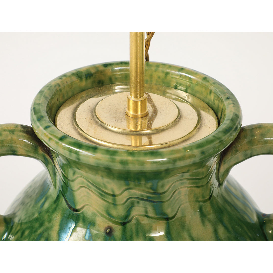 Pair of Vintage Green Ceramic Lamps with Handmade Wicker Shades