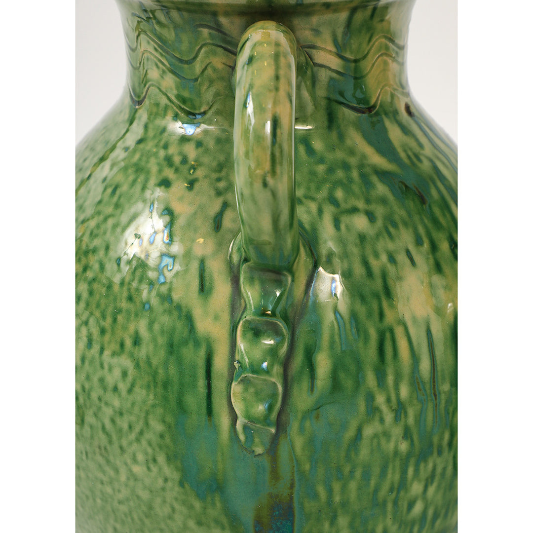 Pair of Vintage Green Ceramic Lamps with Handmade Wicker Shades