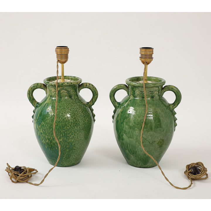 Pair of Vintage Green Ceramic Lamps with Handmade Wicker Shades