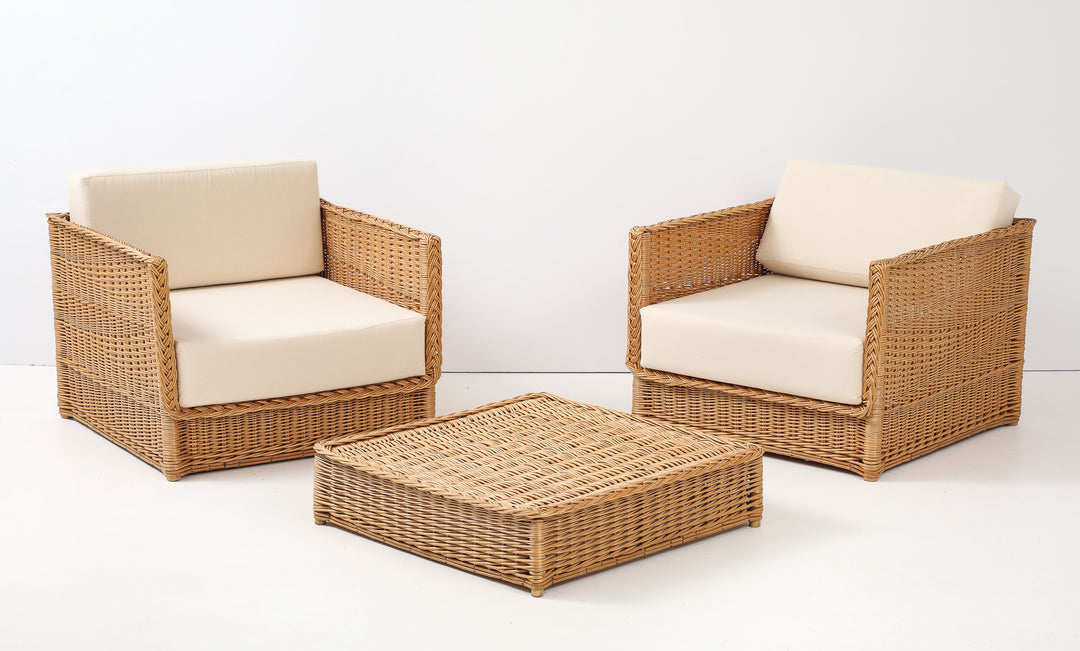 Pair of Vivai Del Sud Style Wicker Armchairs &amp; Ottoman