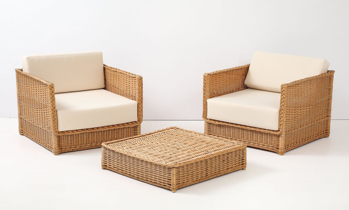 Pair of Vivai Del Sud Style Wicker Armchairs &amp; Ottoman