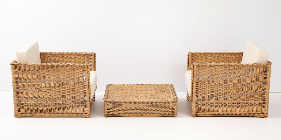 Pair of Vivai Del Sud Style Wicker Armchairs &amp; Ottoman
