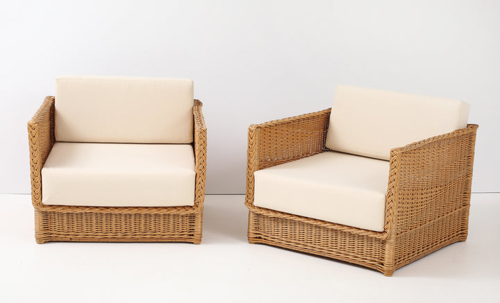 Pair of Vivai Del Sud Style Wicker Armchairs &amp; Ottoman