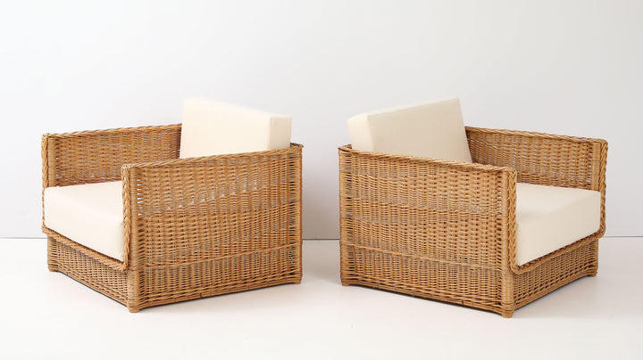 Pair of Vivai Del Sud Style Wicker Armchairs &amp; Ottoman