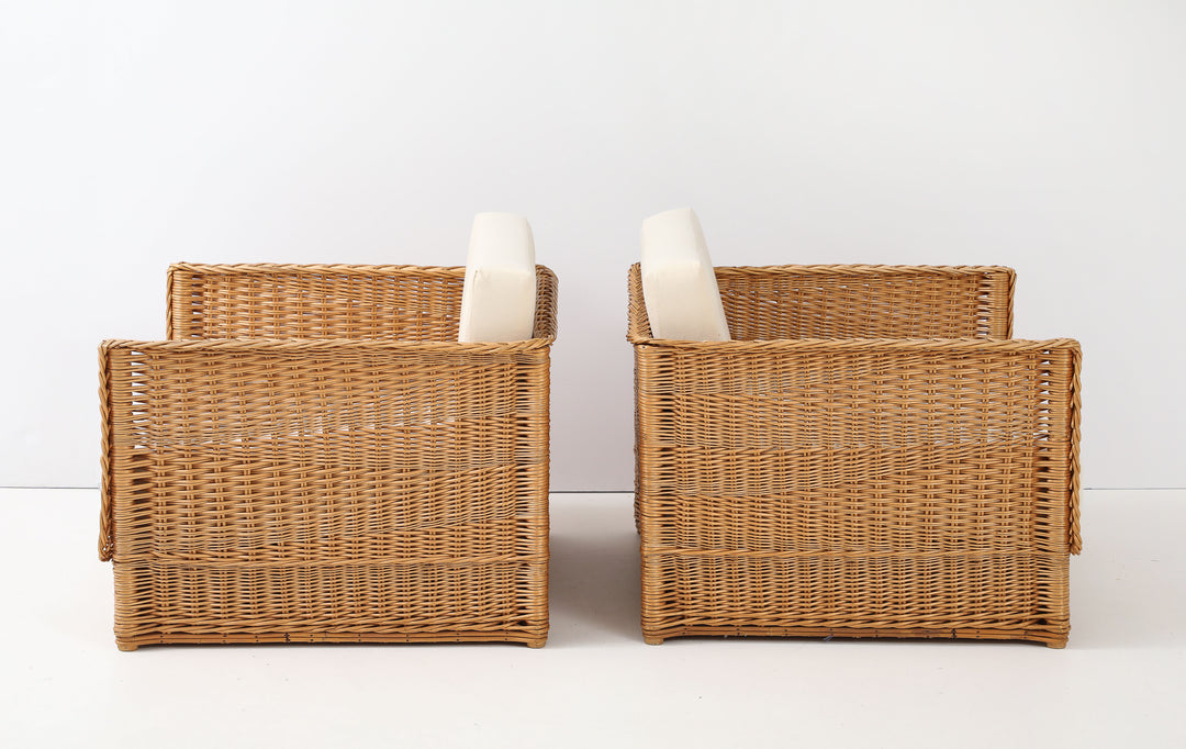Pair of Vivai Del Sud Style Wicker Armchairs &amp; Ottoman