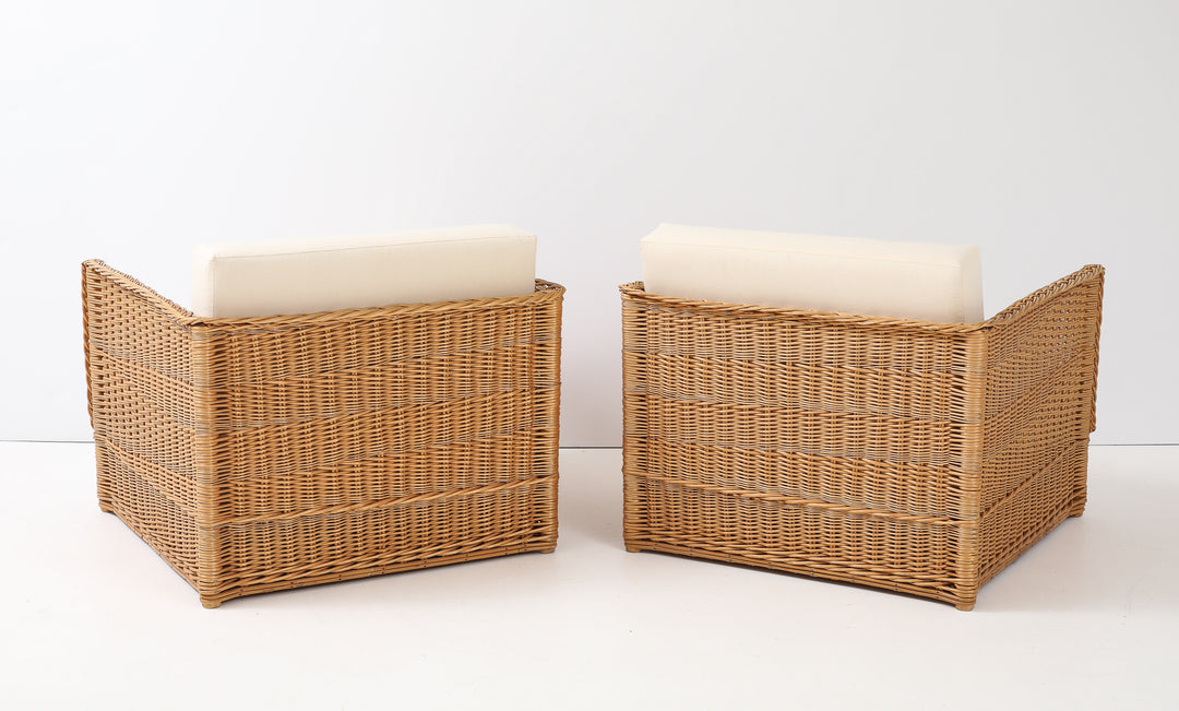 Pair of Vivai Del Sud Style Wicker Armchairs &amp; Ottoman