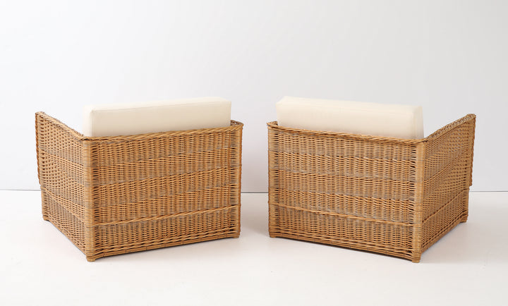 Pair of Vivai Del Sud Style Wicker Armchairs &amp; Ottoman