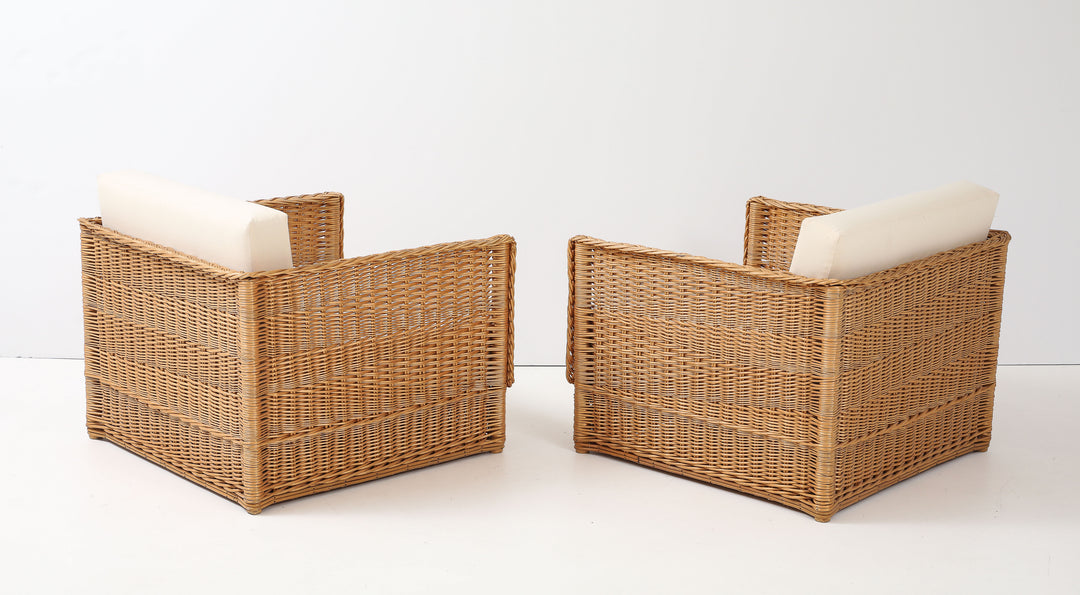 Pair of Vivai Del Sud Style Wicker Armchairs &amp; Ottoman