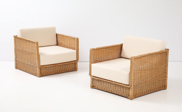 Pair of Vivai Del Sud Style Wicker Armchairs &amp; Ottoman