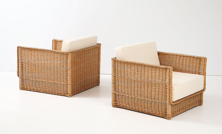 Pair of Vivai Del Sud Style Wicker Armchairs &amp; Ottoman