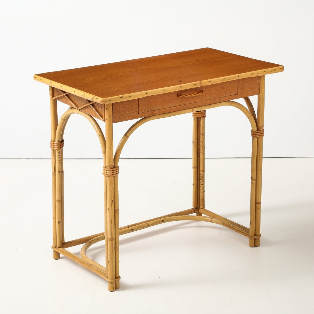 Vintage Desk &amp; Chair in Oak &amp; Rattan by Audoux-Minet, France, circa 1960