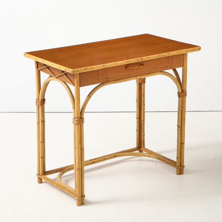 Vintage Desk &amp; Chair in Oak &amp; Rattan by Audoux-Minet, France, circa 1960