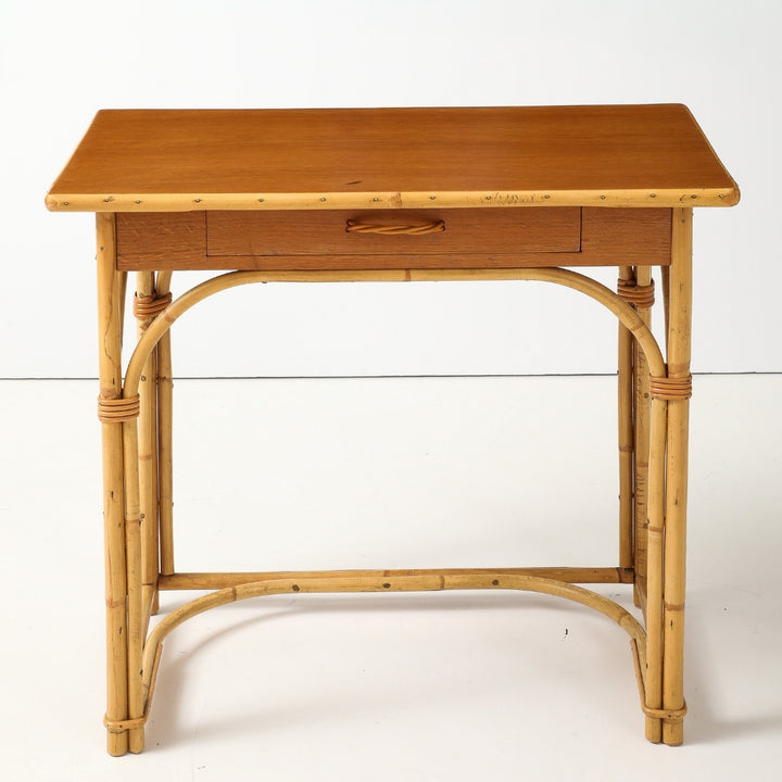 Vintage Desk &amp; Chair in Oak &amp; Rattan by Audoux-Minet, France, circa 1960