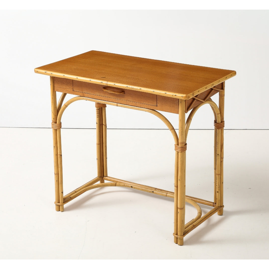 Vintage Desk &amp; Chair in Oak &amp; Rattan by Audoux-Minet, France, circa 1960