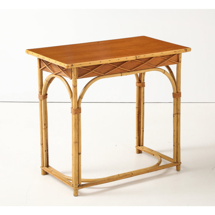 Vintage Desk &amp; Chair in Oak &amp; Rattan by Audoux-Minet, France, circa 1960