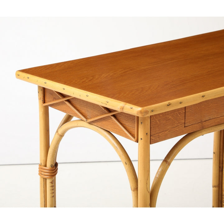 Vintage Desk &amp; Chair in Oak &amp; Rattan by Audoux-Minet, France, circa 1960