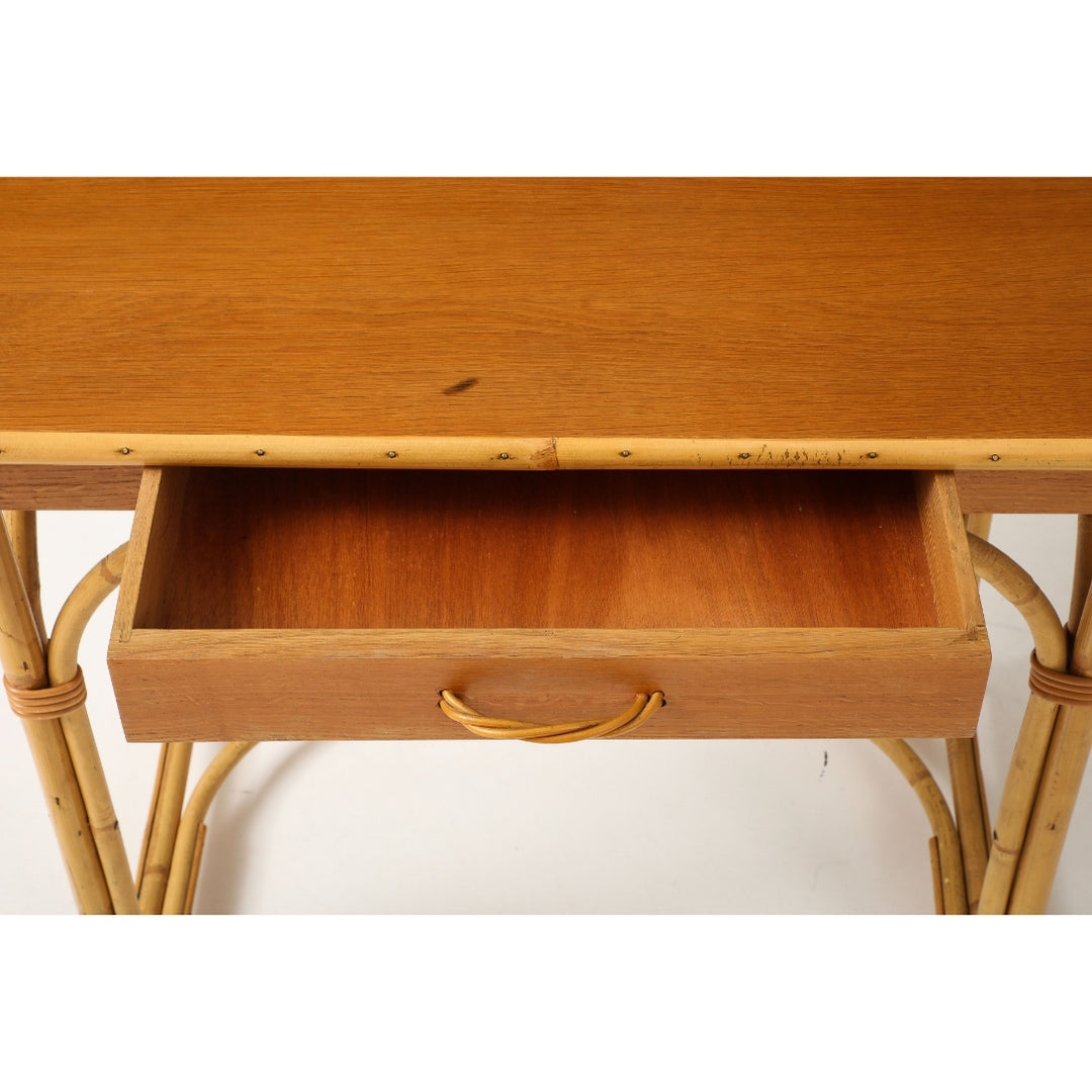 Vintage Desk &amp; Chair in Oak &amp; Rattan by Audoux-Minet, France, circa 1960