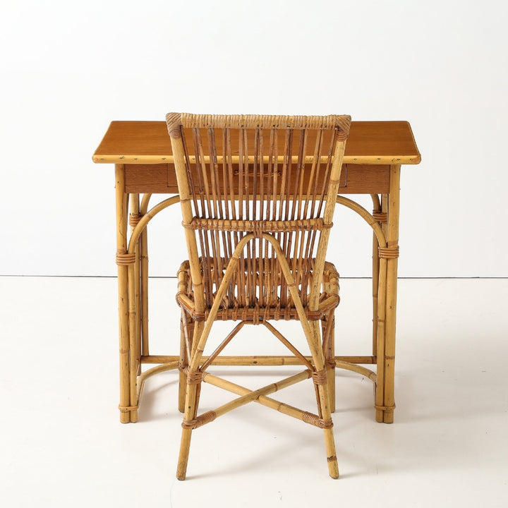 Vintage Desk &amp; Chair in Oak &amp; Rattan by Audoux-Minet, France, circa 1960