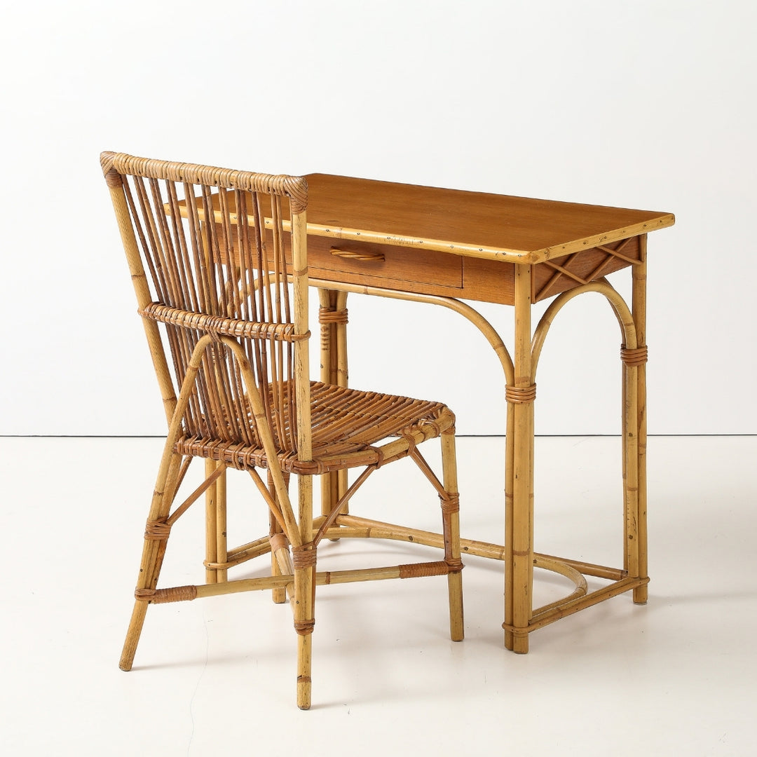 Vintage Desk &amp; Chair in Oak &amp; Rattan by Audoux-Minet, France, circa 1960