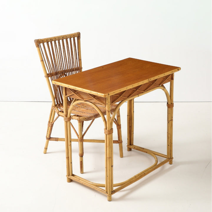 Vintage Desk &amp; Chair in Oak &amp; Rattan by Audoux-Minet, France, circa 1960