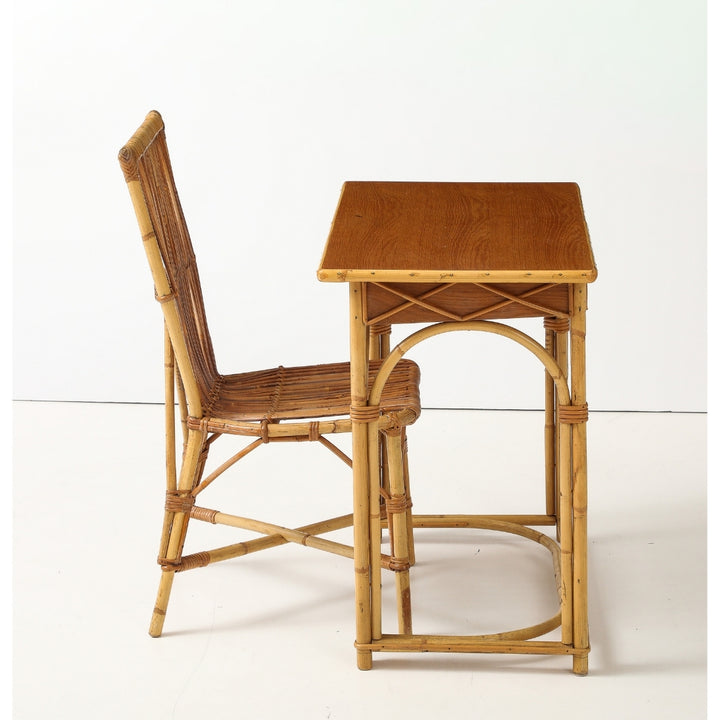 Vintage Desk &amp; Chair in Oak &amp; Rattan by Audoux-Minet, France, circa 1960