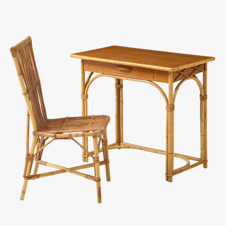 Vintage Desk &amp; Chair in Oak &amp; Rattan by Audoux-Minet, France, circa 1960