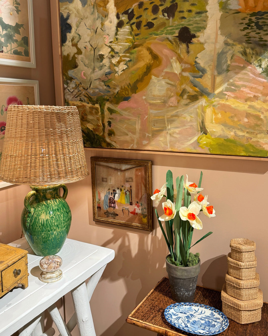 Pair of Vintage Green Ceramic Lamps with Handmade Wicker Shades