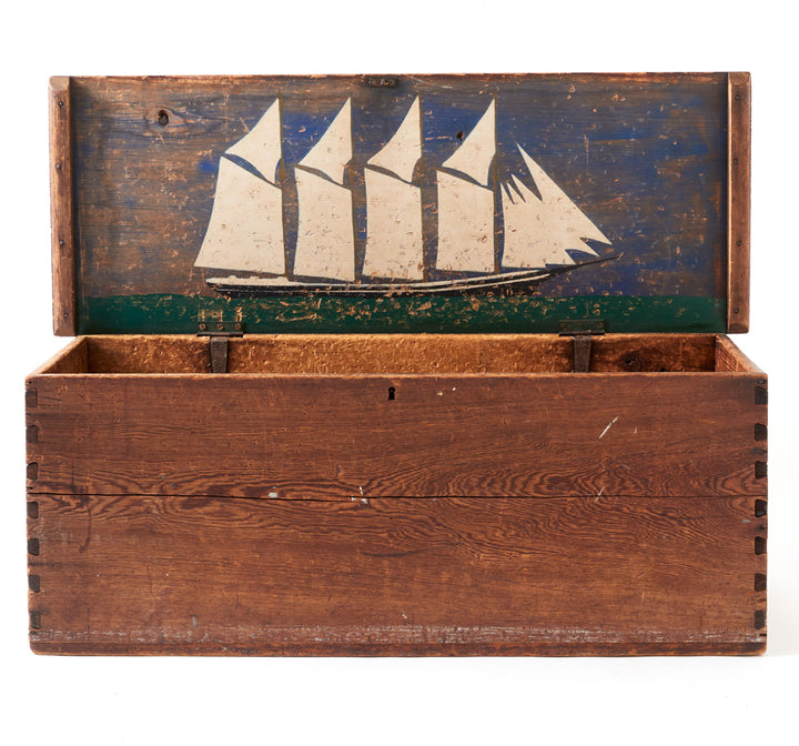 19th Century New England Sea Chest with Folk Art Painted Lid