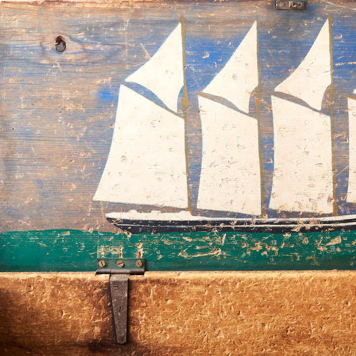19th Century New England Sea Chest with Folk Art Painted Lid
