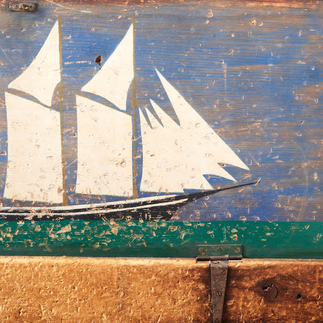 19th Century New England Sea Chest with Folk Art Painted Lid